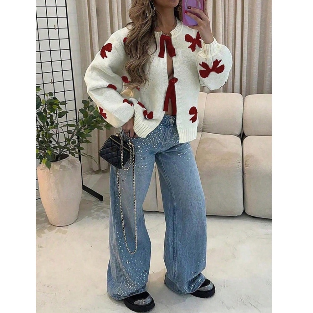 Off White Cardigan With Burgundy Front Ties and Bow Print Pattern Oversized - Picture 4 of 11